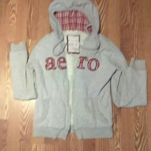 Grey and red plaid/fur coat